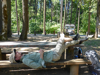 Taking a rest in Northwestern Park by the White Salmon River.