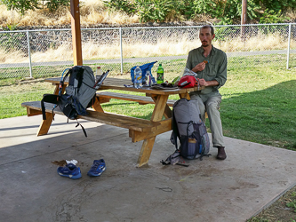 Taking a break in the Old Lyle Elementary School yard.