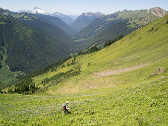 Descending to the PCT.  The North Fork Sauk Valley in the distance.