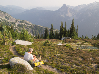 Taking a break on Trico Mountain.  Cathedral Peak in the distance.