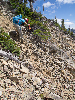 Some severely loose rock while descending to French Creek.  We should have put our helmets back on!