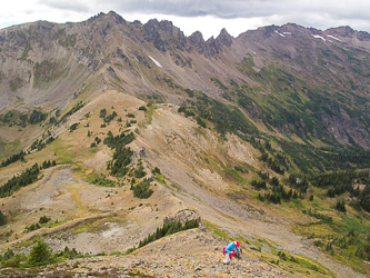 Ascending the NE side of Cape Horn.  Ladies Peak and Snowgrass Mountain in the background.