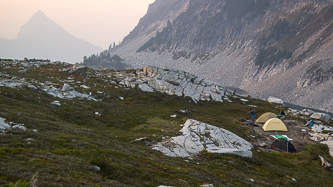 Silver Eagle Peak and our camp in a dry tarn.