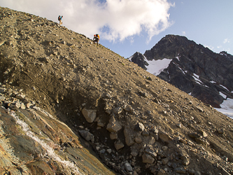 The crux of the trip.  Scarified dirt around 6,600' above the outlet creek.  We should have traversed the glacier further to the NE before descending.