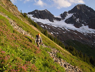 Mesahchie Peak from the high meadows at the head of the Panther Creek drainage.