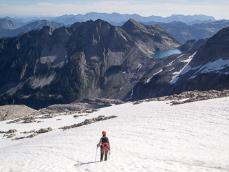 Descending the Foss Glacier toward the East Hinman Lakes.   Pea Soup Lake across the valley.