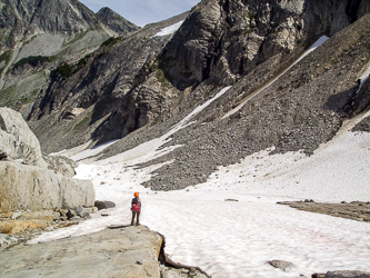 The Lower Foss Glacier with lots of evidence of fresh rock fall.  Descending the glacier and then traversing the unstable west-facing dirt slopes felt like the most dangerous part of the route.