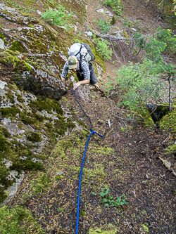 We found a fixed line on the NW ridge of Dirty Harrys Peak shortly before the summit.