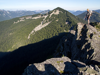 Ian on the summit of Web Mountain.  Mount Defiance in the background.