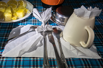 Grand finale of napkin flourishes for our final breakfast on the mountain