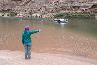 We hitched a ride across the Colorado River.  Due to a time zone mistake, we started waiting for boats at 5:30 AM.  At 8:30 AM the first boat came by and gave us a ride.