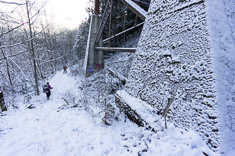 The base of a railroad trestle over Hall Creek.