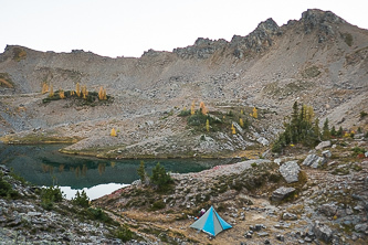 Camp at Lake Edna.  Cape Horn in the background.