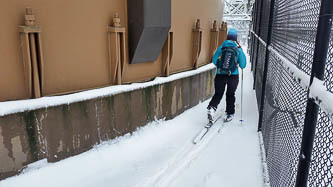 Circumnavigating the water tower on the summit