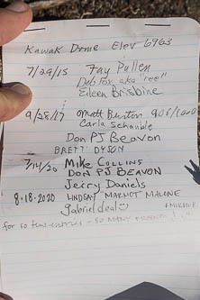 2015 summit register for Lewing Peak (AKA Kawak Dome)