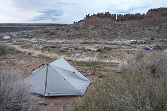 Camp with The Feathers in the background